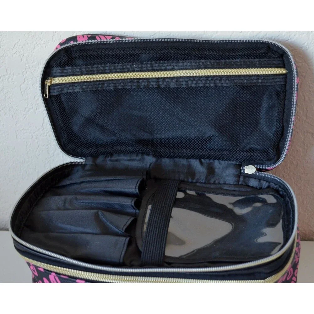 Juicy Couture Pink Black Cosmetic Makeup Bag Train Case 2 Zipper Compartments